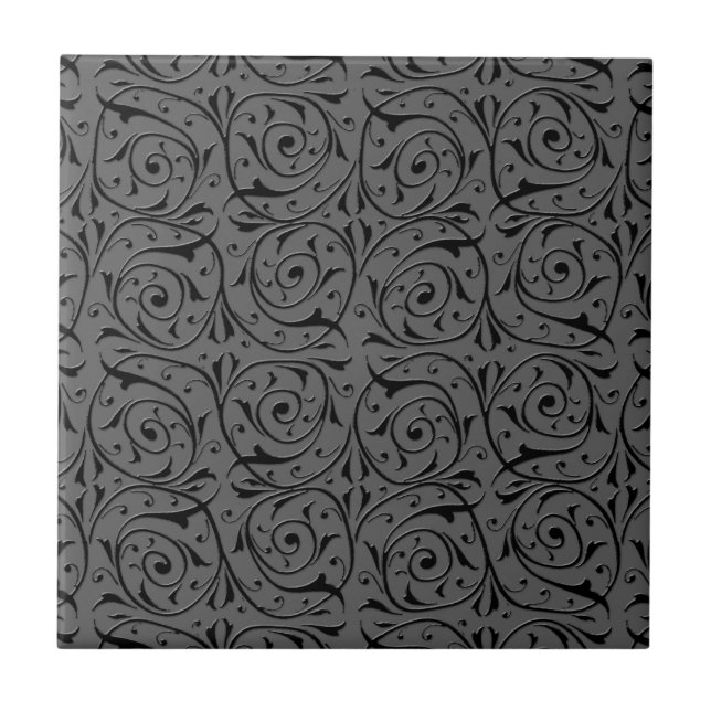 Black and Grey Swirling Vines Pattern Ceramic Tile (Front)