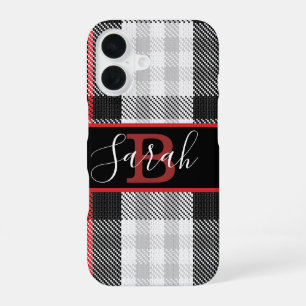 Black and Grey Tartan Chequered Red font iPhone 16 Case