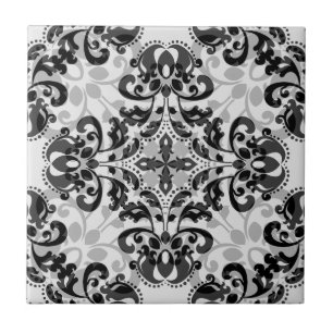 Black and grey victorian damask decor ceramic tile