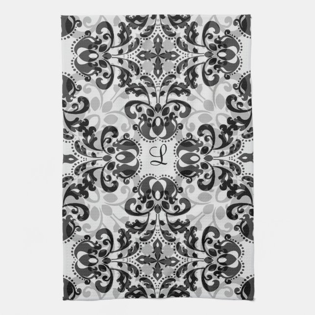 Black and grey victorian damask decor tea towel (Vertical)