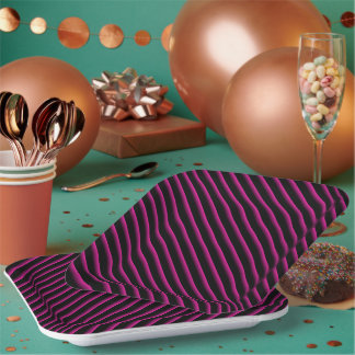 Black and Hot Pink Blended Diagonal Stripes Paper Plate