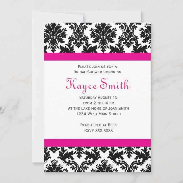 Black and hot Pink Damask Invitation (Front)