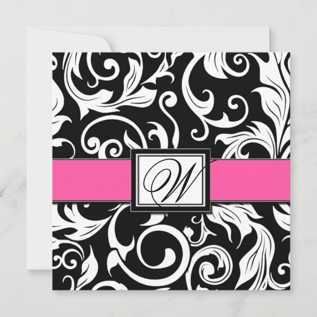 Black and Hot Pink Damask Wedding Invitations (Front)