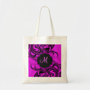 Black And Hot Pink Elegant Floral Swirls-Monogram Tote Bag
