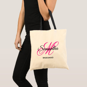 Black and Hot Pink Fancy Monogram Bridesmaid Tote Bag