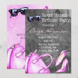 Black and Hot Pink Fashion Sweet 16 Birthday Party Invitation