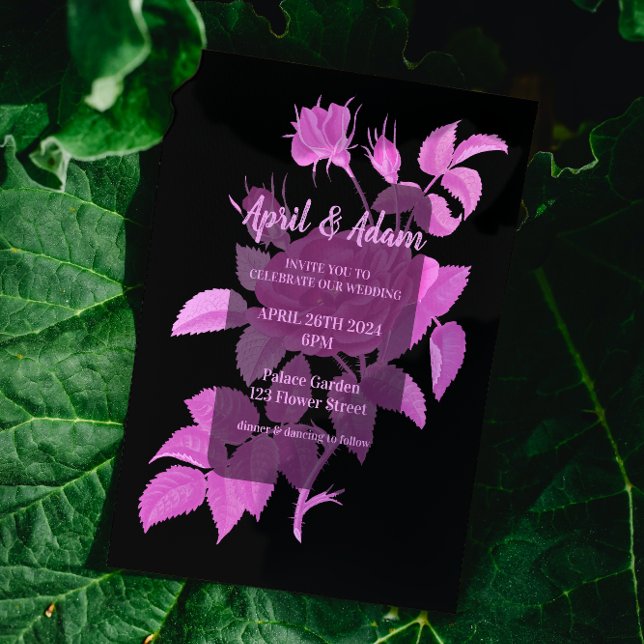 Black and Hot Pink Floral Rose Wedding Invitation  (Creator Uploaded)