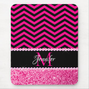 Black and Hot Pink Glitter Chevron Monogram Mouse Pad