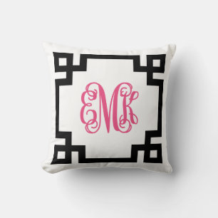 Black and Hot Pink Greek Key Script Monogram Cushion