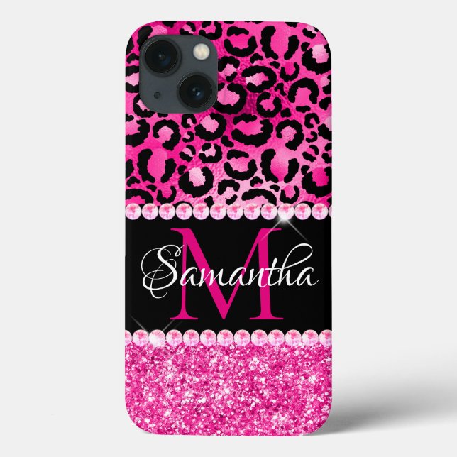 Black and Hot Pink Leopard Spot Glam Monogram Case-Mate iPhone Case (Back)