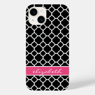 Black and Hot Pink Modern Quatrefoil Monogram Case-Mate iPhone 14 Case