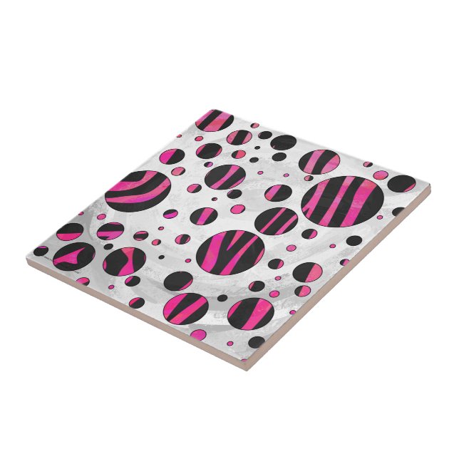 Black and Hot Pink Piloka Dot Zebra Ceramic Tile (Side)