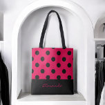 Black and Hot Pink Polka Dots with Monogram Tote Bag<br><div class="desc">A chic design,  always in style,  featuring black polka dots over a trendy hot pink fuchsia background with a custom monogram that you can edit with your name or other desired text. This tote makes a wonderful personalized gift for someone special.</div>