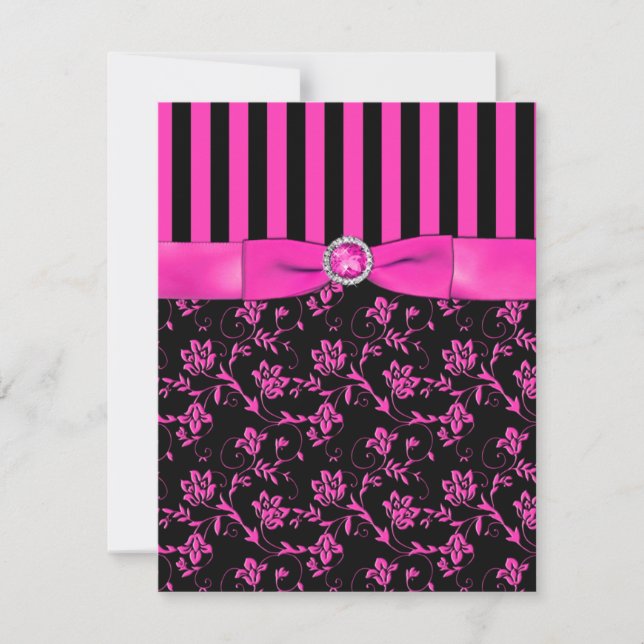 Black and Hot-Pink Striped and Jewelled RSVP Card (Front)