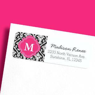 Black and Hot Pink Trendy Damask Custom Monogram Return Address Label