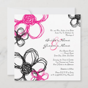 Black and Hot Pink Wild Flowers Wedding Invitation