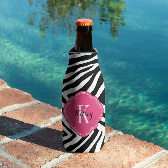 Black and Hot Pink Zebra Print Monogram Bottle Cooler (In Situ Pool)