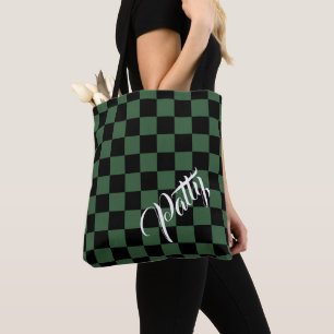 Black and Hunter Green Chequered Pattern Tote Bag