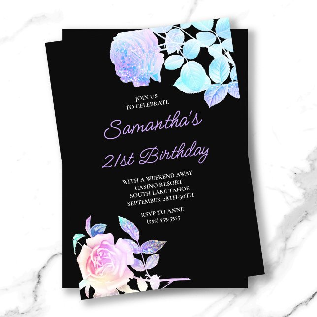 Black and Iridescent Floral 21st Birthday Invitation (Black and Iridescent Floral 21st Birthday Invitation)