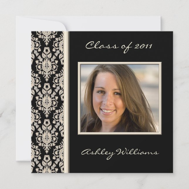 Black and Ivory Damask Graduation Invitations (Front)