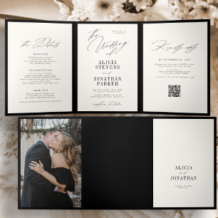 Black and ivory elegant classic photo QR wedding Tri-Fold Invitation