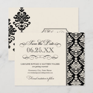 Black and Ivory Elegant Damask Save the Date Announcement Postcard