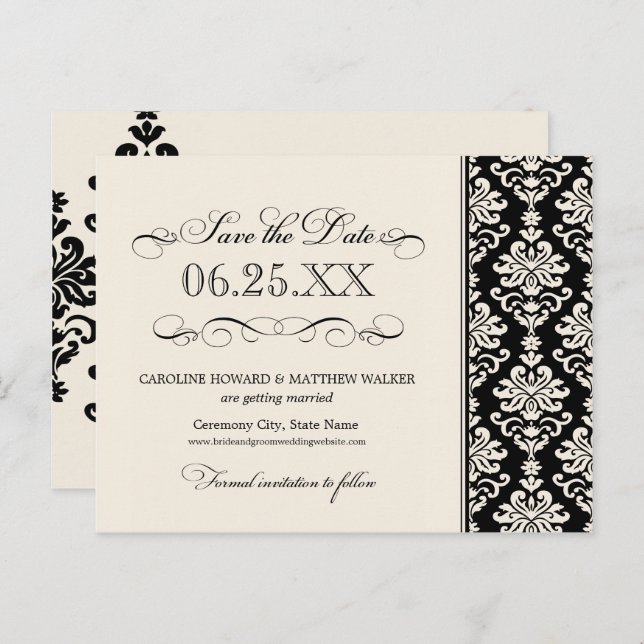 Black and Ivory Elegant Damask Save the Date Announcement Postcard (Front/Back)