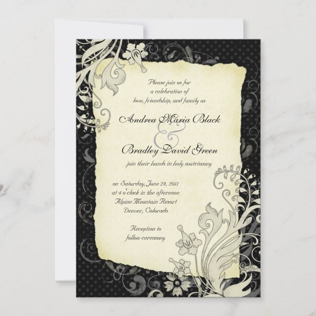 Black and Ivory Floral Wedding Invitation (Front)