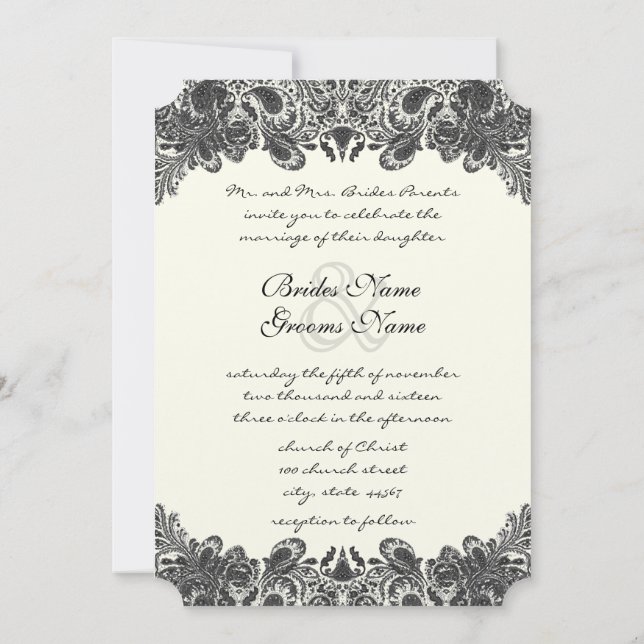 Black and Ivory Paisley Wedding Invitations (Back)