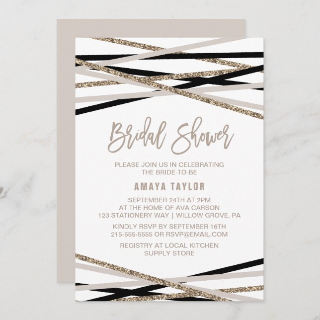 Black and Ivory Streamers Bridal Shower Invitation (Front/Back)