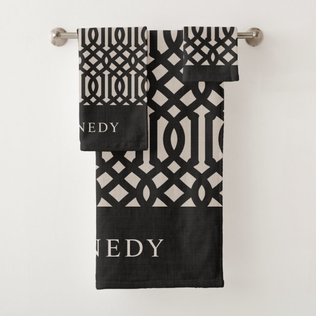 Black and Ivory Trellis Monogram | Farmhouse Bath Towel Set (Insitu)