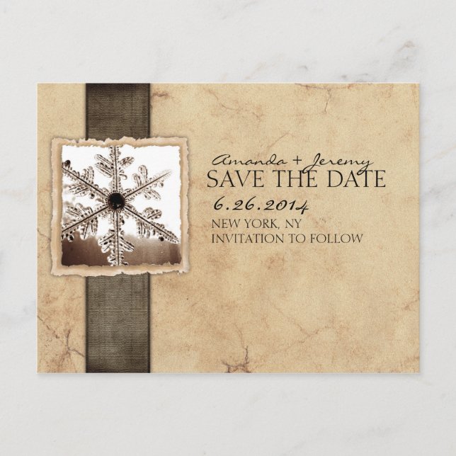 Black and Ivory Winter Snowflake Save the Date Announcement Postcard (Front)