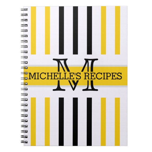 Black and Jonquil Stripes Modern Monogram Notebook (Front)