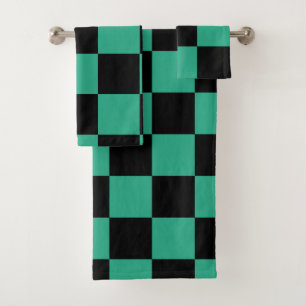 Black and Jungle Green Chequered Pattern Bath Towel Set