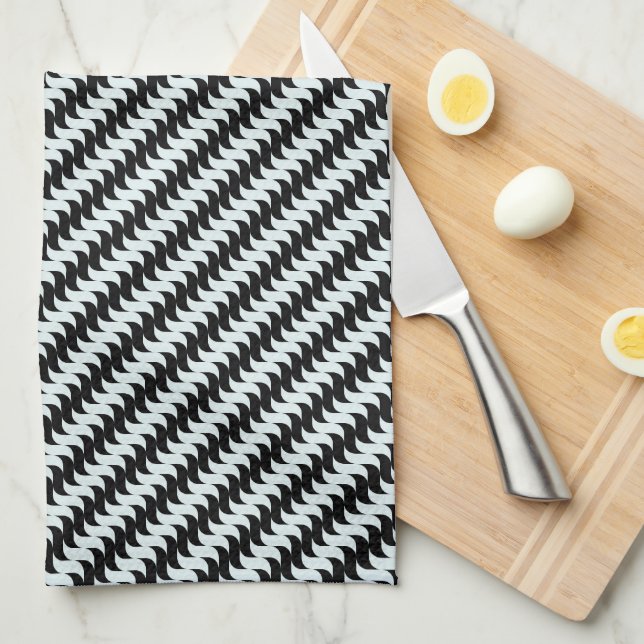 Black and Light Blue Waves Pattern Tea Towel (Quarter Fold)