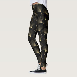 Black and light gold abstract leaves pattern leggings