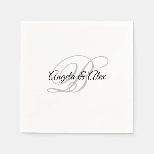 Black and Light Grey Fancy Script Monogram White Napkin (Front)
