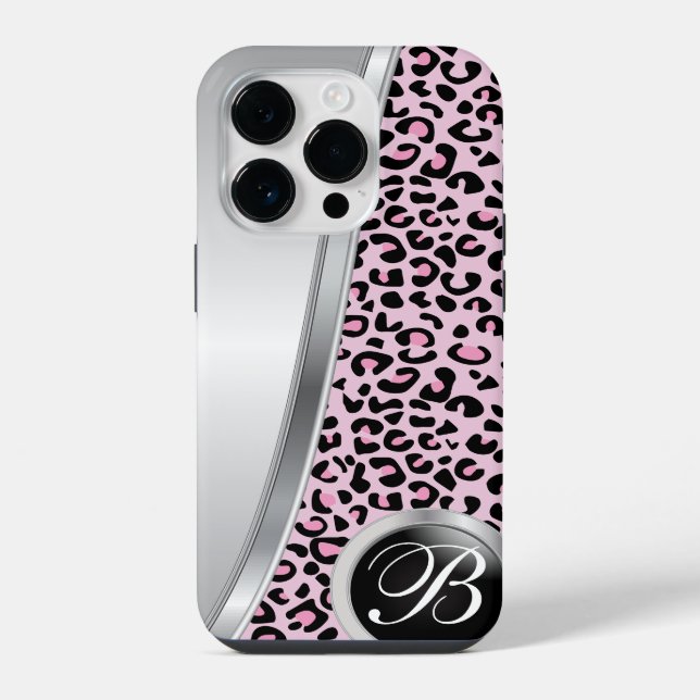 Black and Light Pink Leopard Print | Monogram iPhone Case (Back)