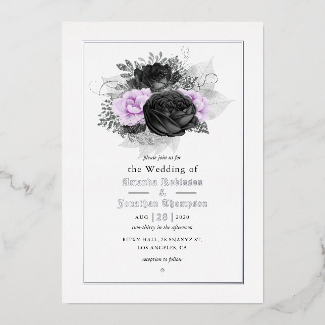 Black and Lilac Floral Wedding Foil Invitation (Front)