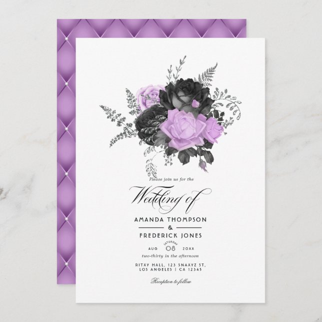 Black and Lilac Vintage Floral Wedding Invitation (Front/Back)