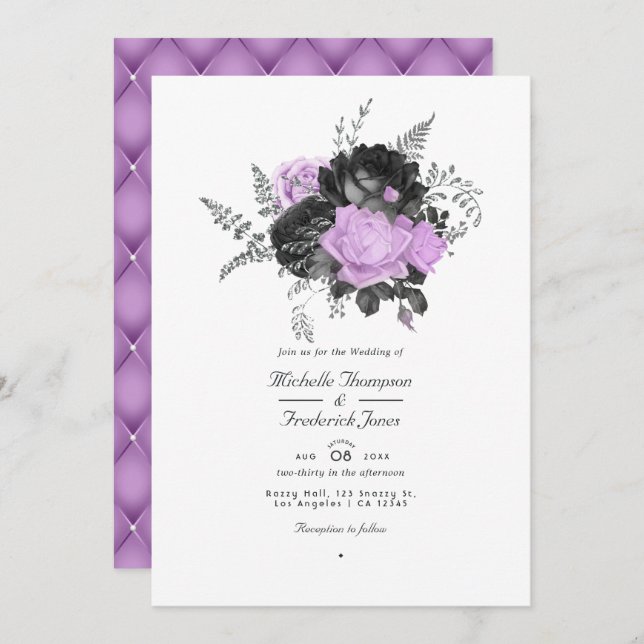 Black and Lilac Vintage Floral Wedding Invitation (Front/Back)