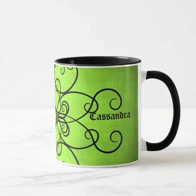 Black and lime green hearts and swirls mug (Right)