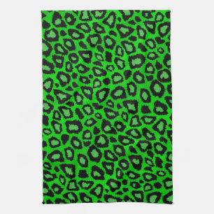 Black and Lime Green Leopard Animal Print Tea Towel