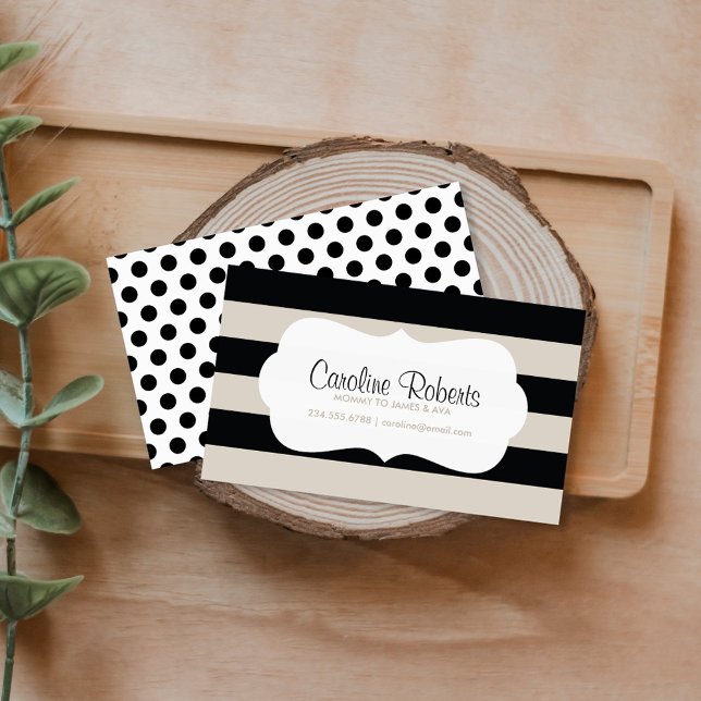 Black and Linen Modern Stripes and Dots Calling Card (Creator Uploaded)
