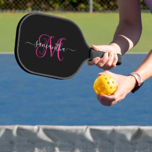 Black and Magenta Signature Name Curly Monogram Pickleball Paddle