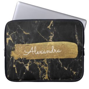 Black and Marble with Gold Foil and Glitter Laptop Sleeve