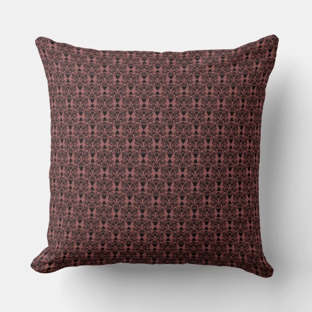 Black and Marsala Cat Damask Pattern Throw Pillow (Front)