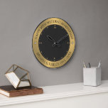 Black and metallic gold 50th wedding Anniversary Large Clock<br><div class="desc">Metallic gold texture image with a black background,  customisable text for 50th wedding anniversary.
White and gold heart diamonds are used as a design accent. This is a perfect gift for a couple celebrating their gold wedding anniversary.</div>