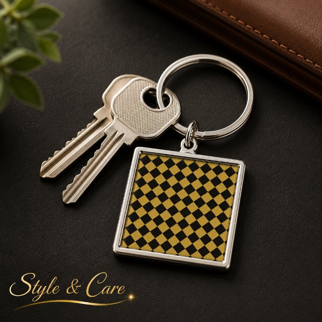 Black and Metallic Gold Chevron Pattern Square Key Ring (Black and Metallic Gold Chevron Pattern Square Keychain)