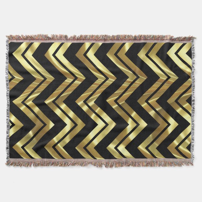 Black And Metallic Gold Chevron Zigzag Pattern Throw Blanket (Front)